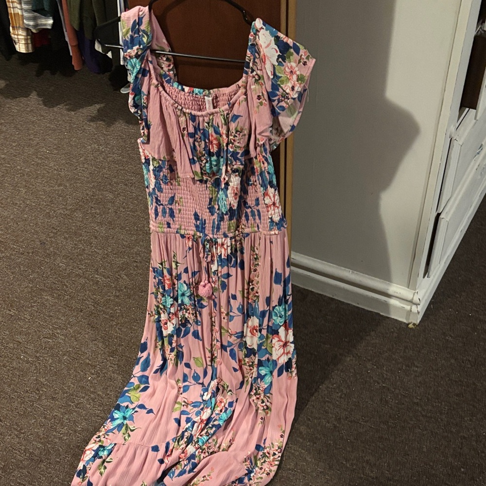 Xhilaration Pink Floral Off-Shoulder Dress with Blue Accents